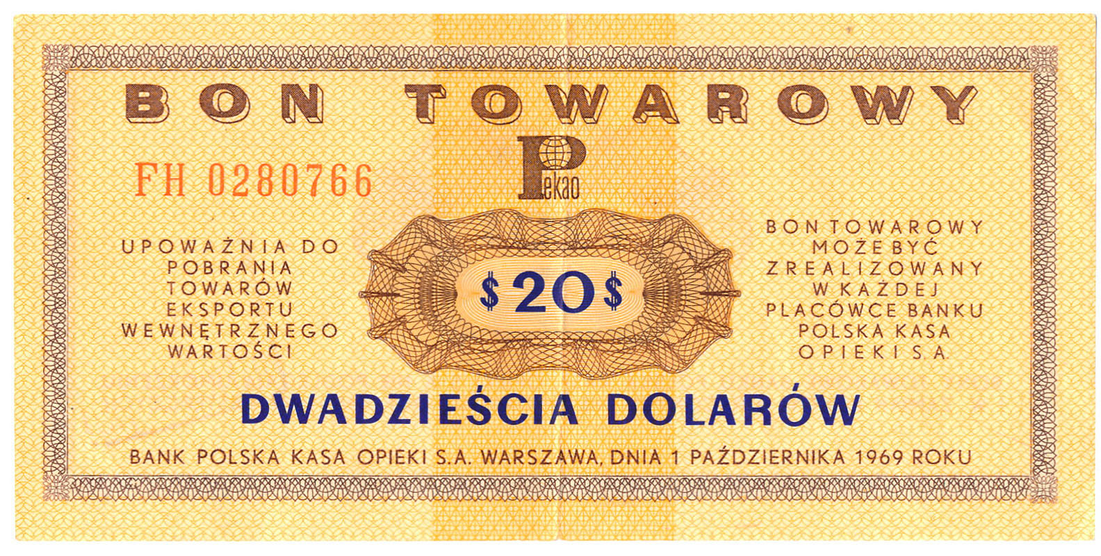 Bon towarowy na 20 dolarów 1969 seria FH